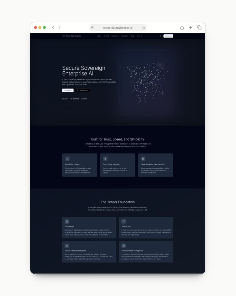 Tensor Data Dynamics website designed by Lumière Pixel, Enterprise AI in San Jose, CA