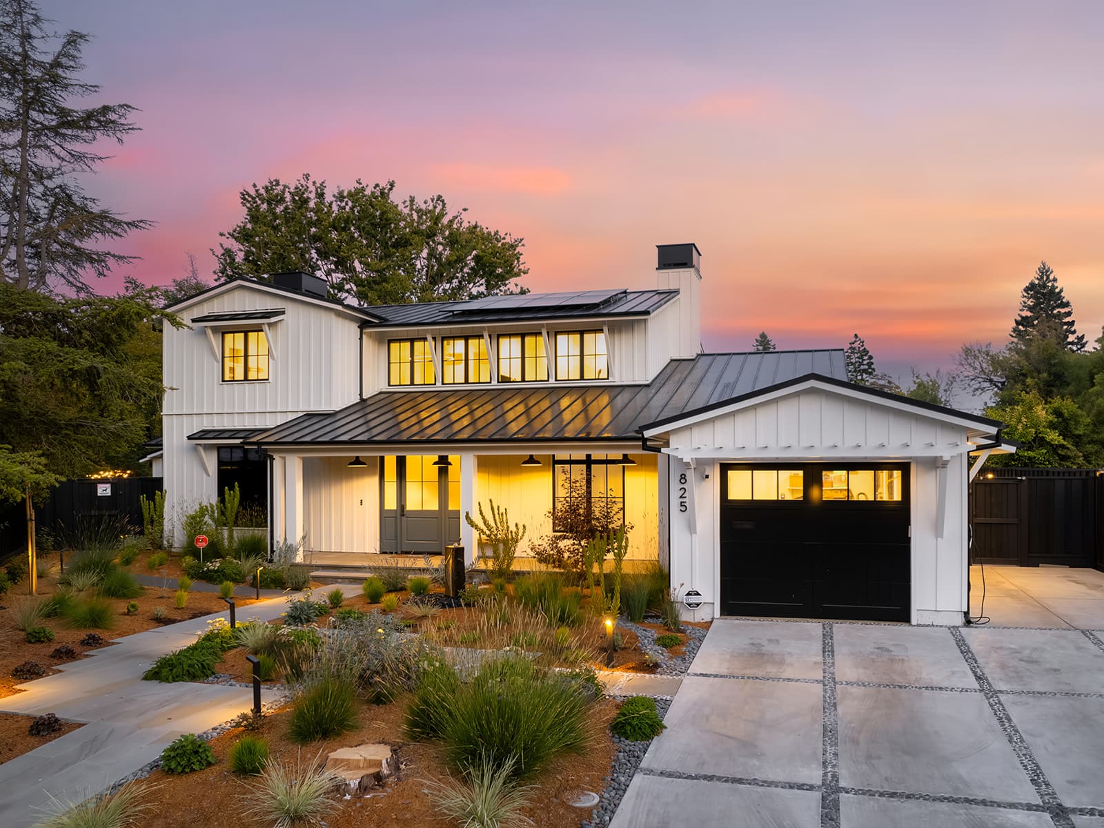 Cinematic property exterior with architectural detail and warm light